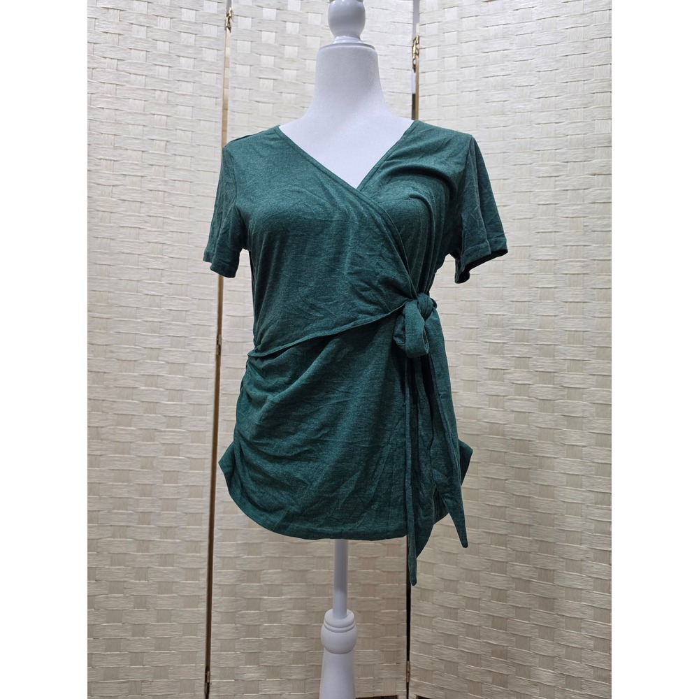 Ekouaer Womens Green Short Sleeve Wrap Side Tie V-Neck Ruched Blouse Top Size M